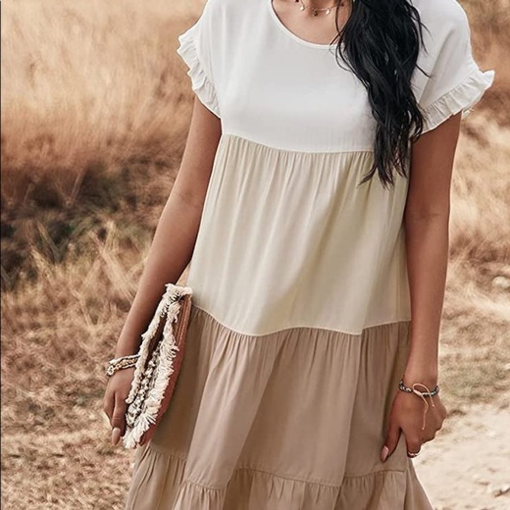 NWT Khaki Boho Babydoll Dress- Colorblock & Ruffles